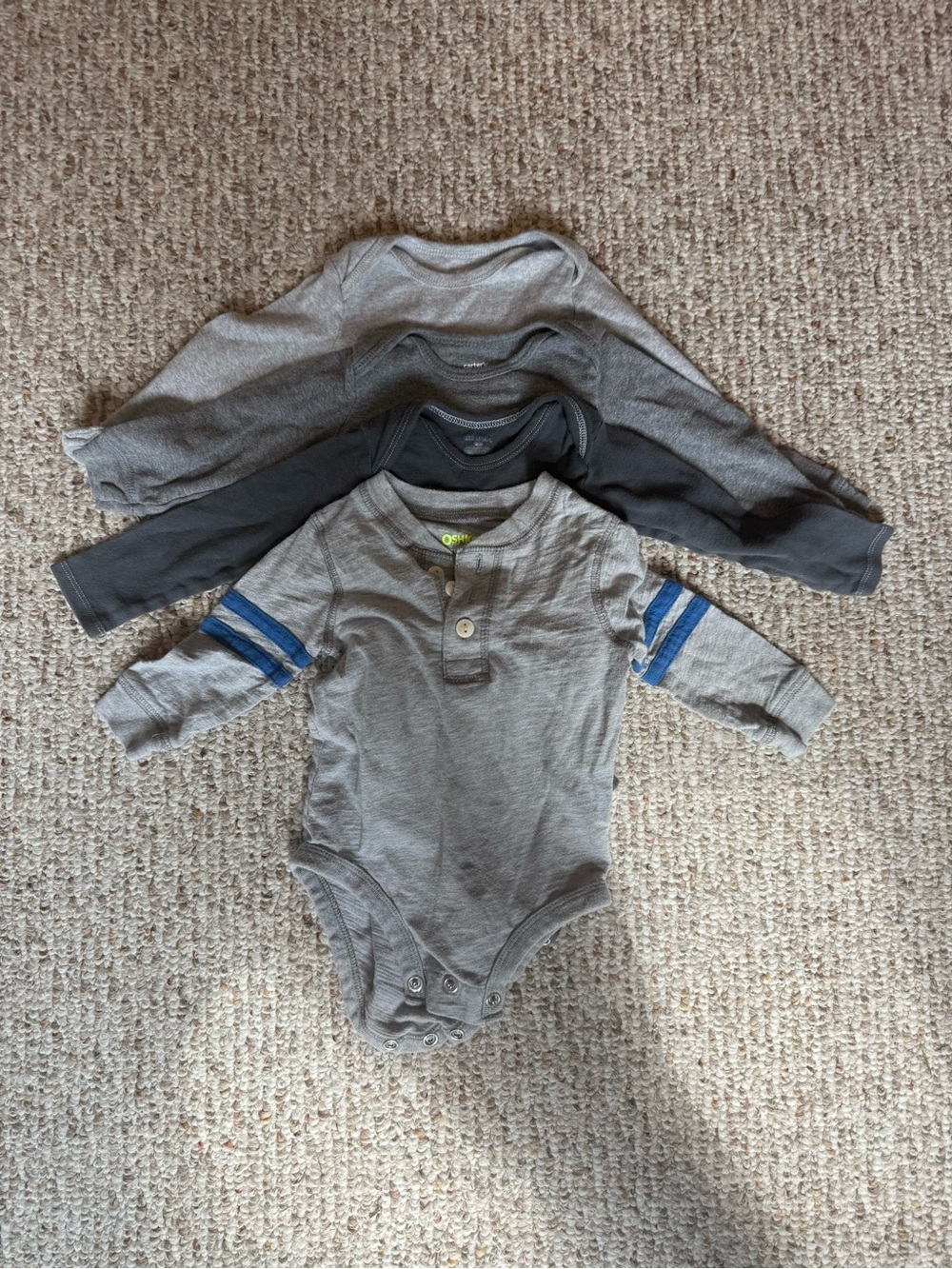 Varied Brand Bundle - Gray Long-Sleeve One-Piece with Blue Sleeve Stripes 6-12M